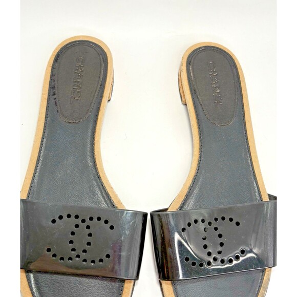Chanel Black Rubber Slide Sandals w/ Laser Cut CC Logo Vintage Y2K Sz EU 38.5C - Picture 4 of 11
